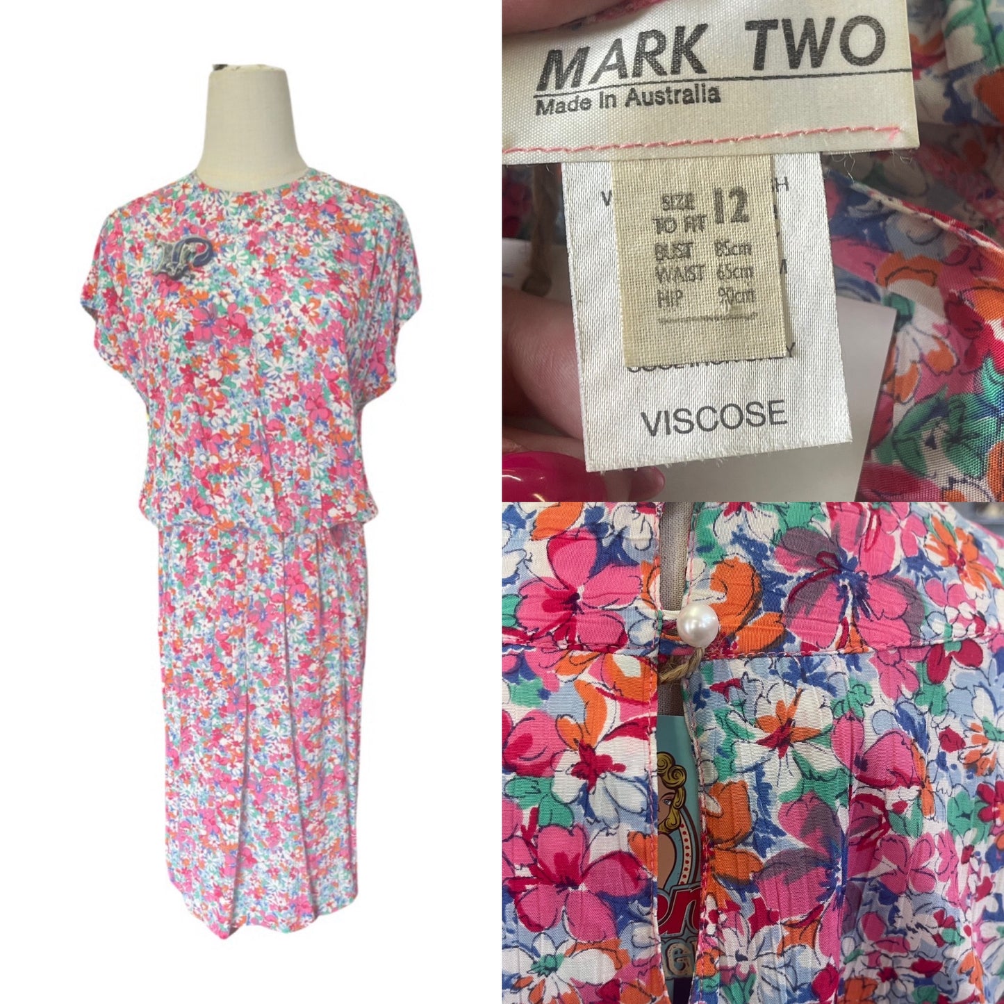 Vintage 80s does 30s silky floral dress by Mark Two, size 10-12