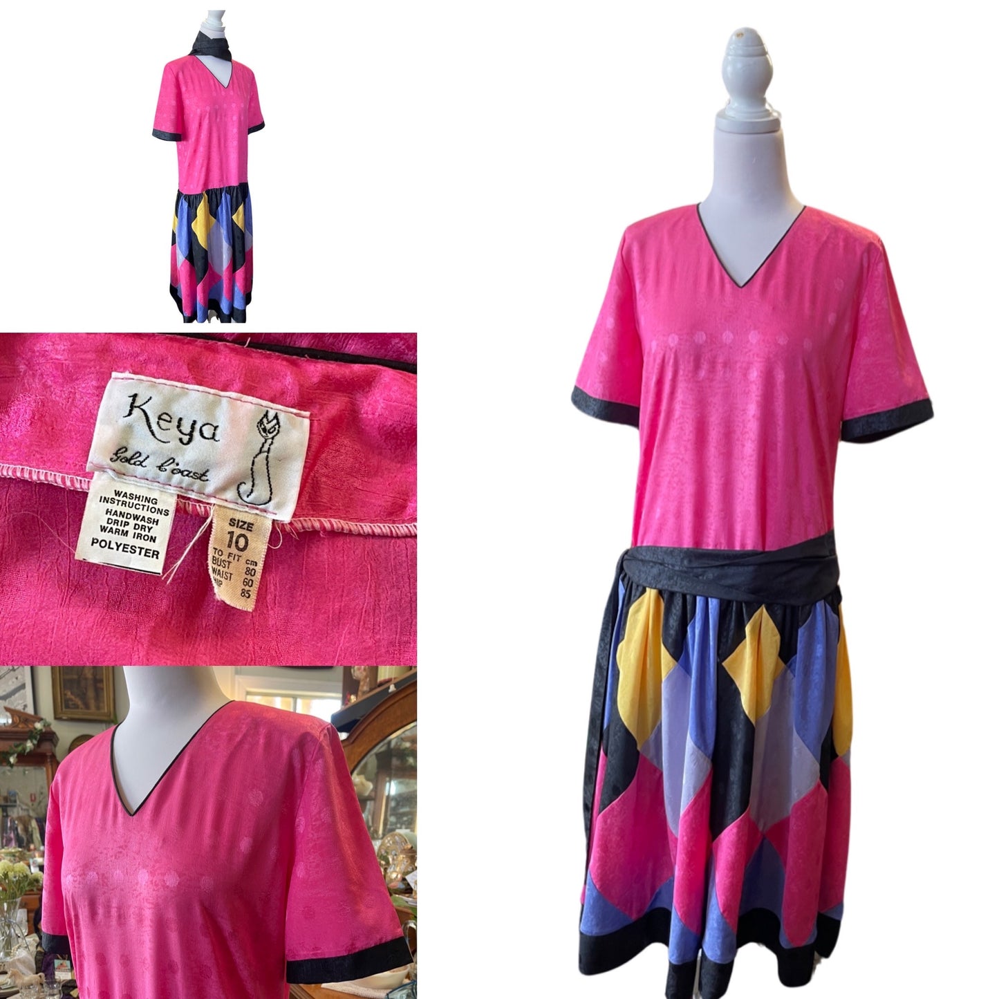 Vintage 1980s pink satin dress with harlequin skirt size 10 by Keya, Gold Coast Australia