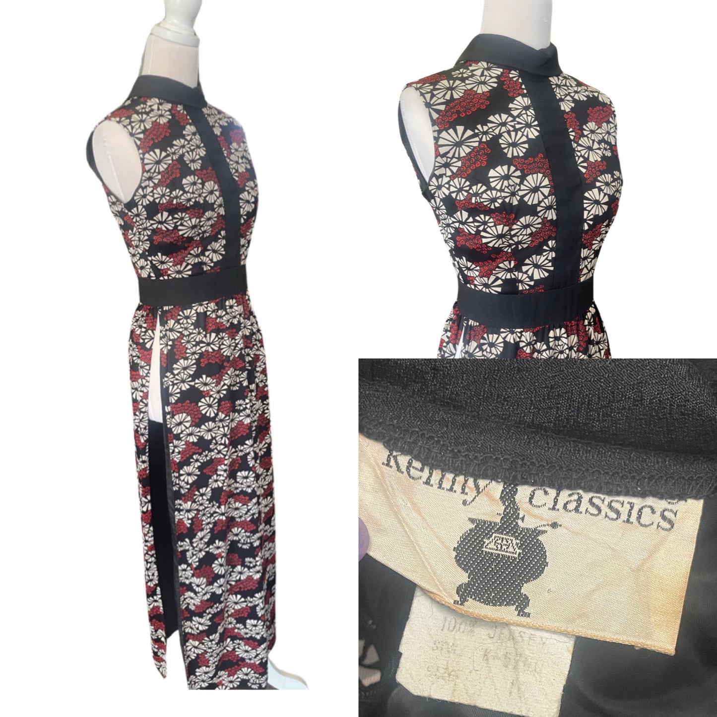 Vintage 60s or 70s black red jersey tunic style dress with slits size 8-10