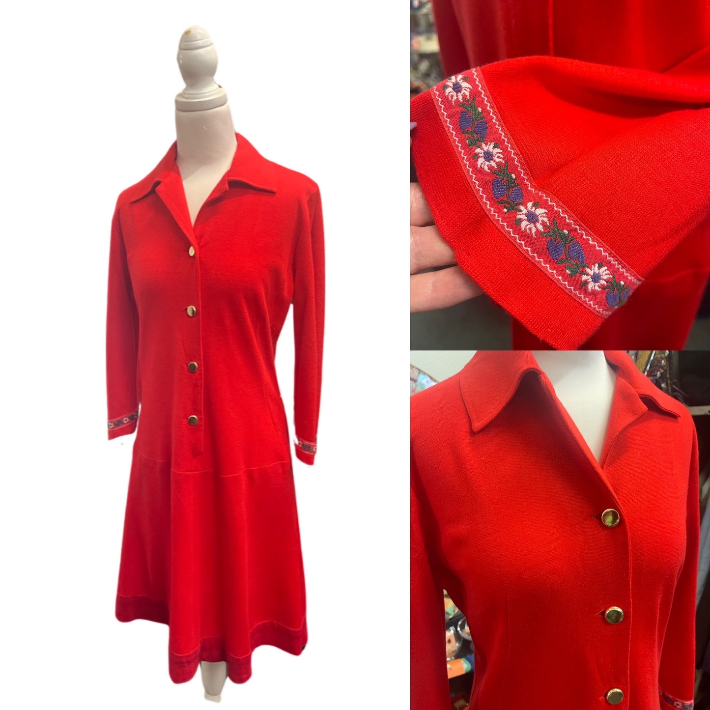 Vintage 70s red wool jersey shirt waist dress, size 10-12