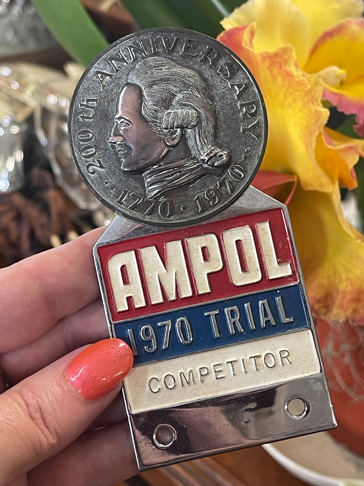 1970 Ampol Trial Competitor badge commemorating the 200th anniversary of Captain James Cook's landing in Australia.