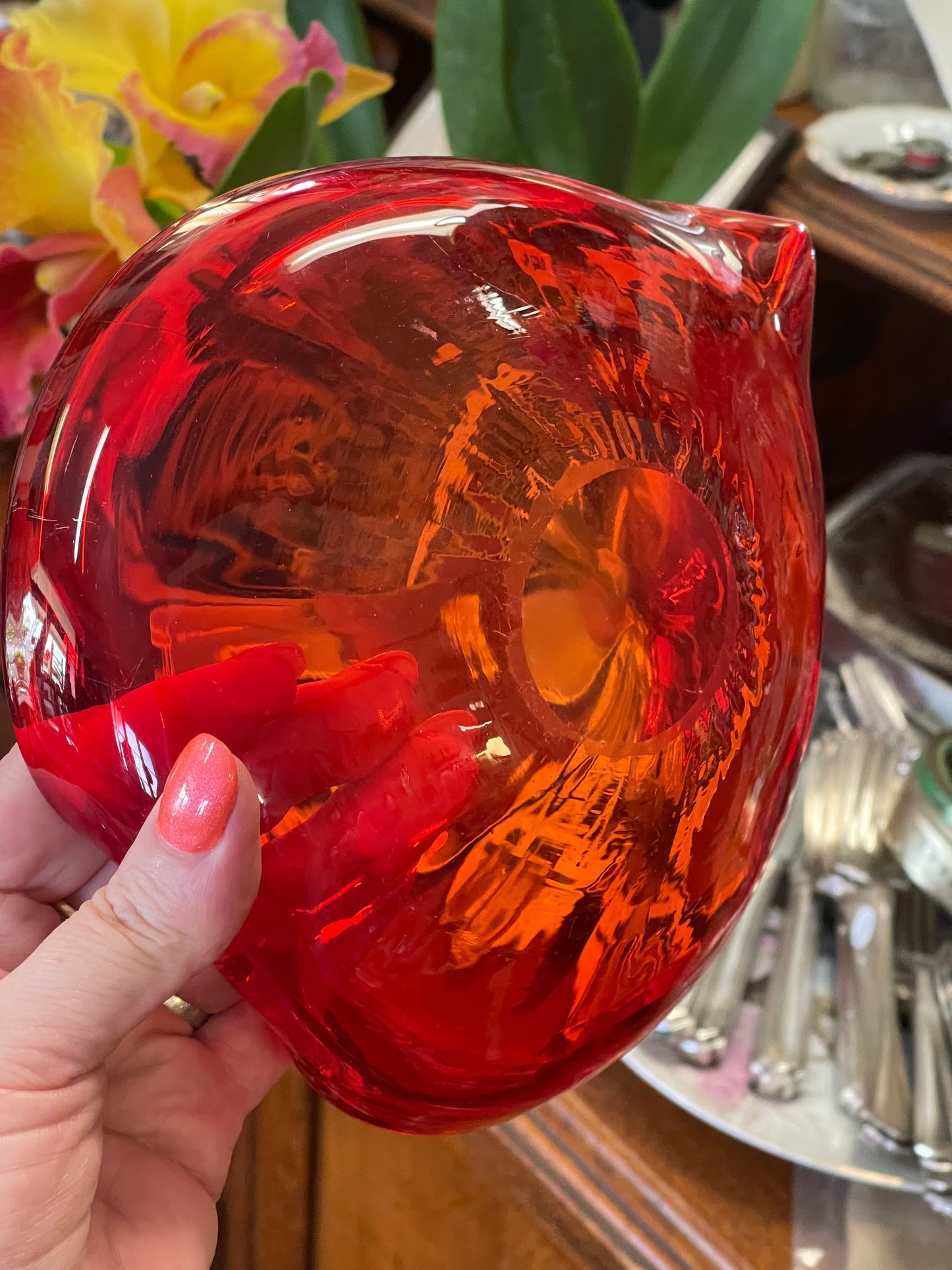 Mid-century Murano style orange art glass heart bowl