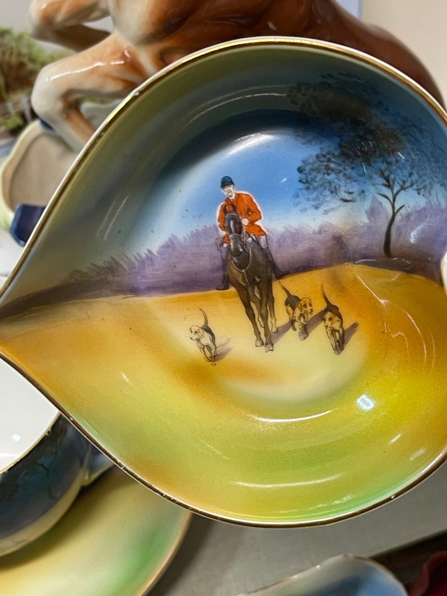 Vintage 1930s Noritake Japan Horse Hound Hunting Scene Heart Shaped Dish