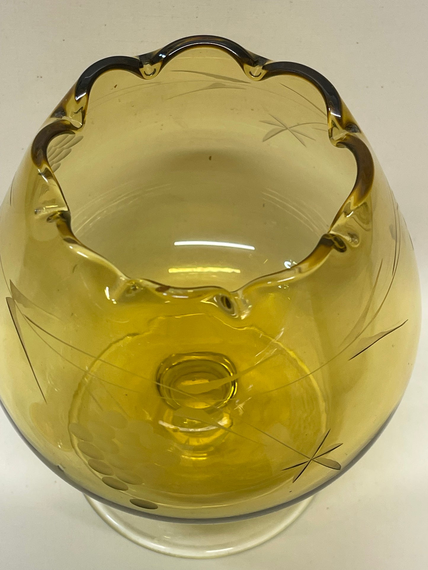 Mid-century etched and fluted oversized amber Brandy snifter art glass vase