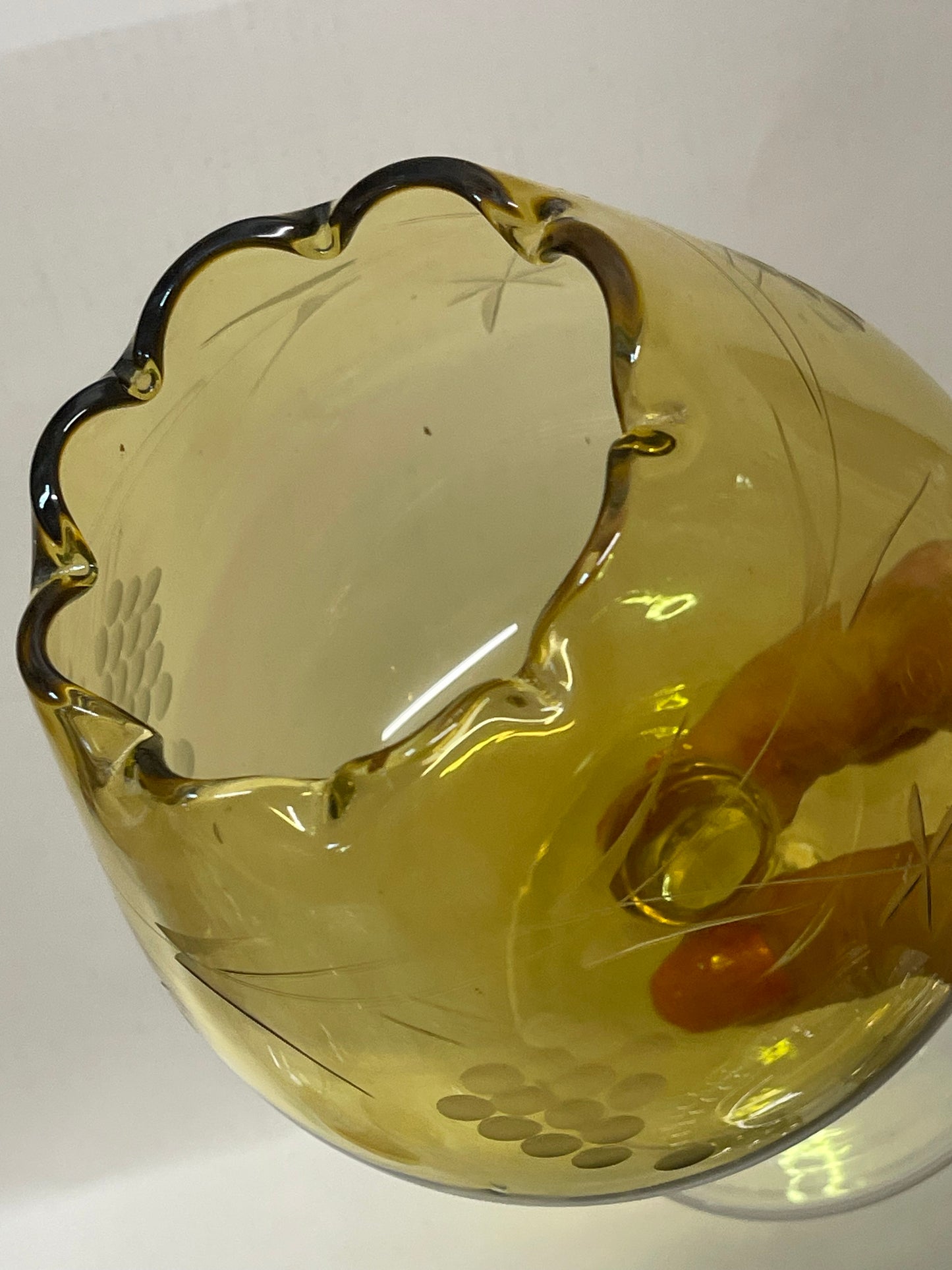 Mid-century etched and fluted oversized amber Brandy snifter art glass vase