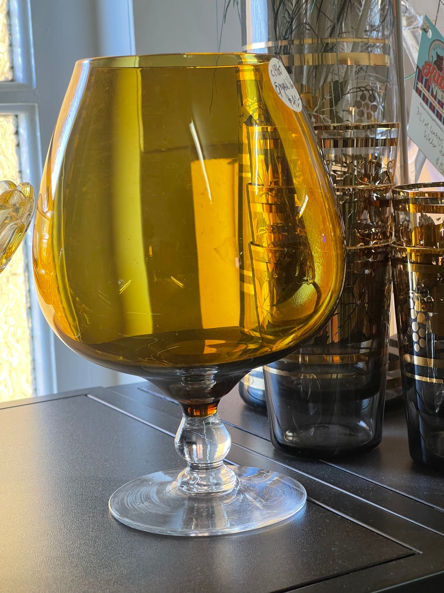 Mid-century oversized amber Brandy snifter art glass vase
