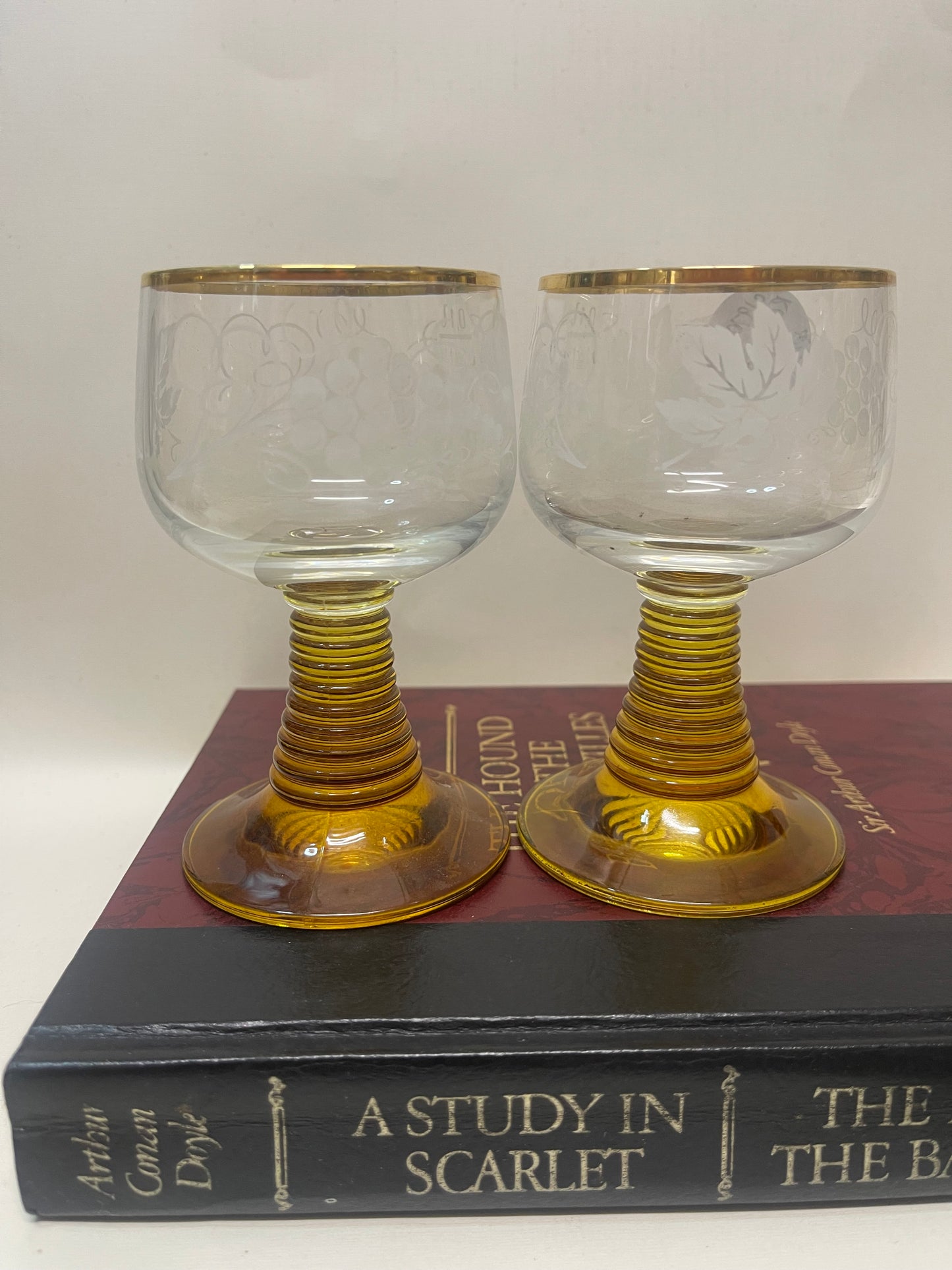Pair of Vintage German Roemer Amber Beehive Stem Wine Glasses