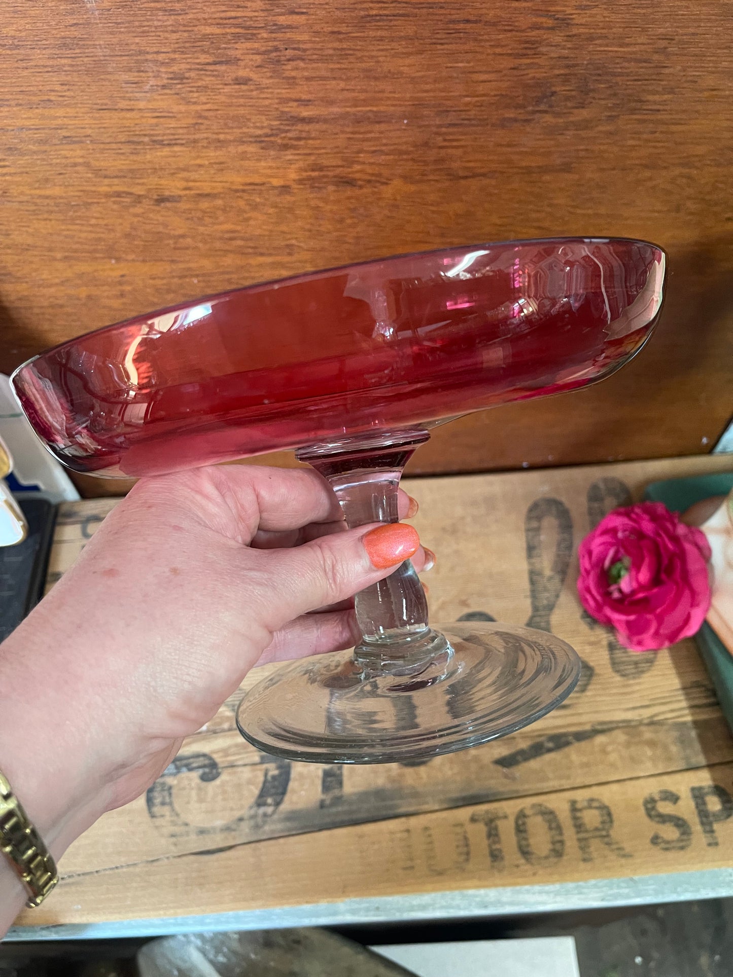 Victorian Cranberry Glass Bon Bon dish with clear foot