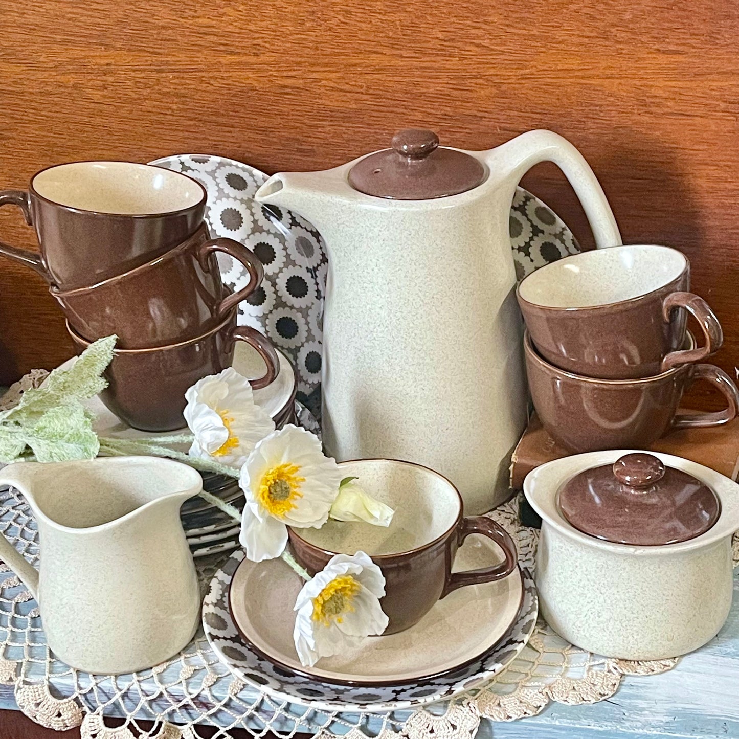 Kelston Ceramics “Nova” D.645 – 1970s Brown & Cream Stoneware Teaset for Six – Made in New Zealand