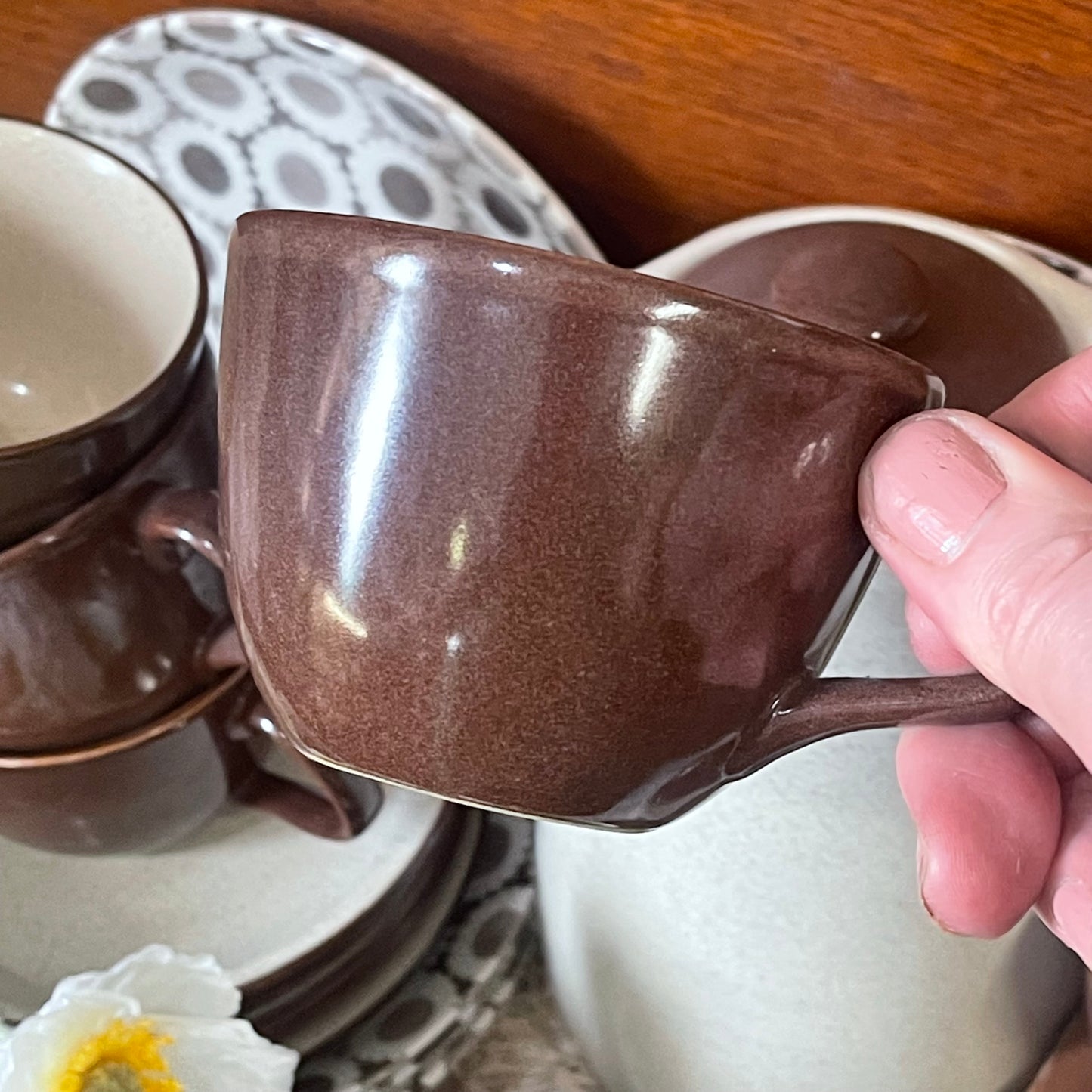 Kelston Ceramics “Nova” D.645 – 1970s Brown & Cream Stoneware Teaset for Six – Made in New Zealand