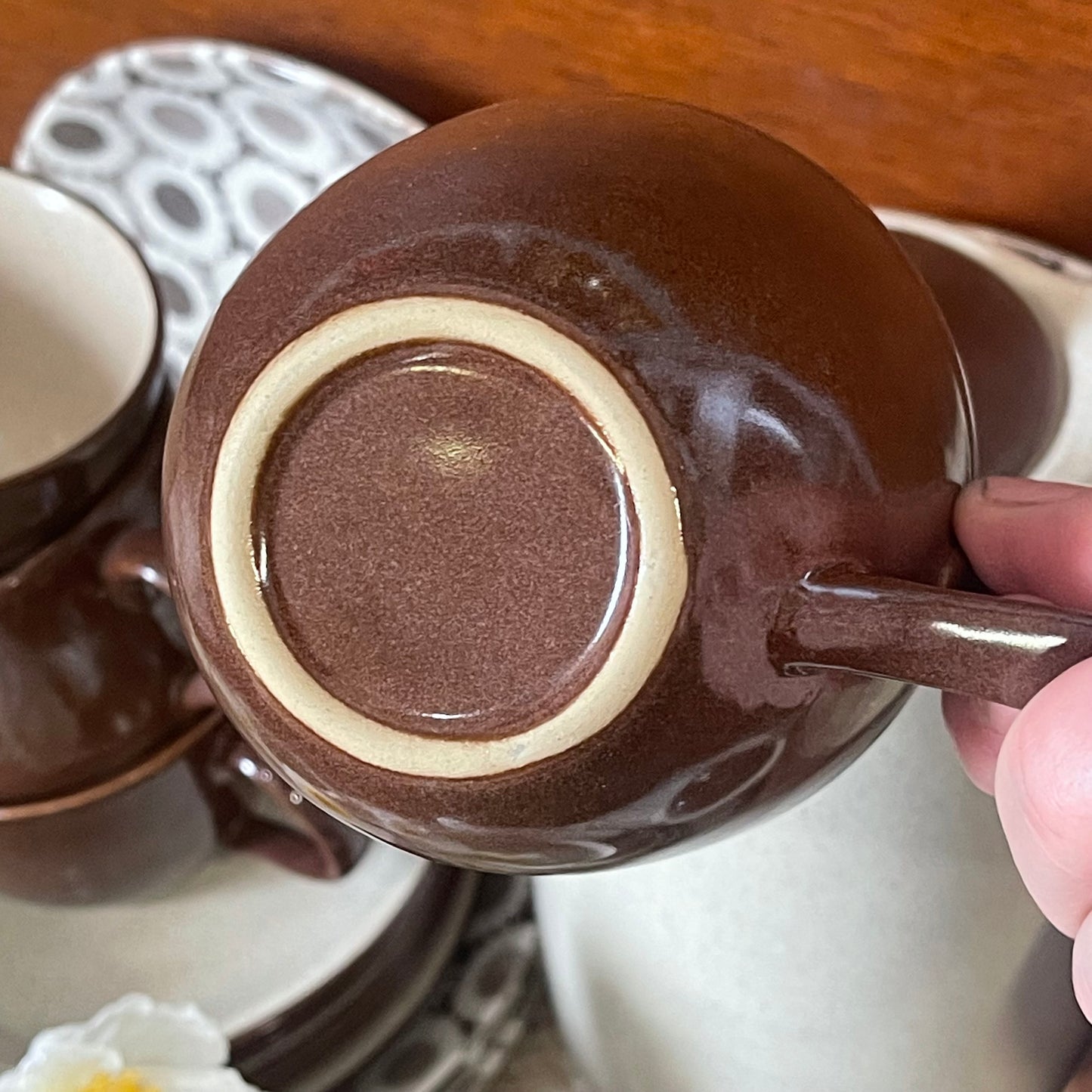 Kelston Ceramics “Nova” D.645 – 1970s Brown & Cream Stoneware Teaset for Six – Made in New Zealand