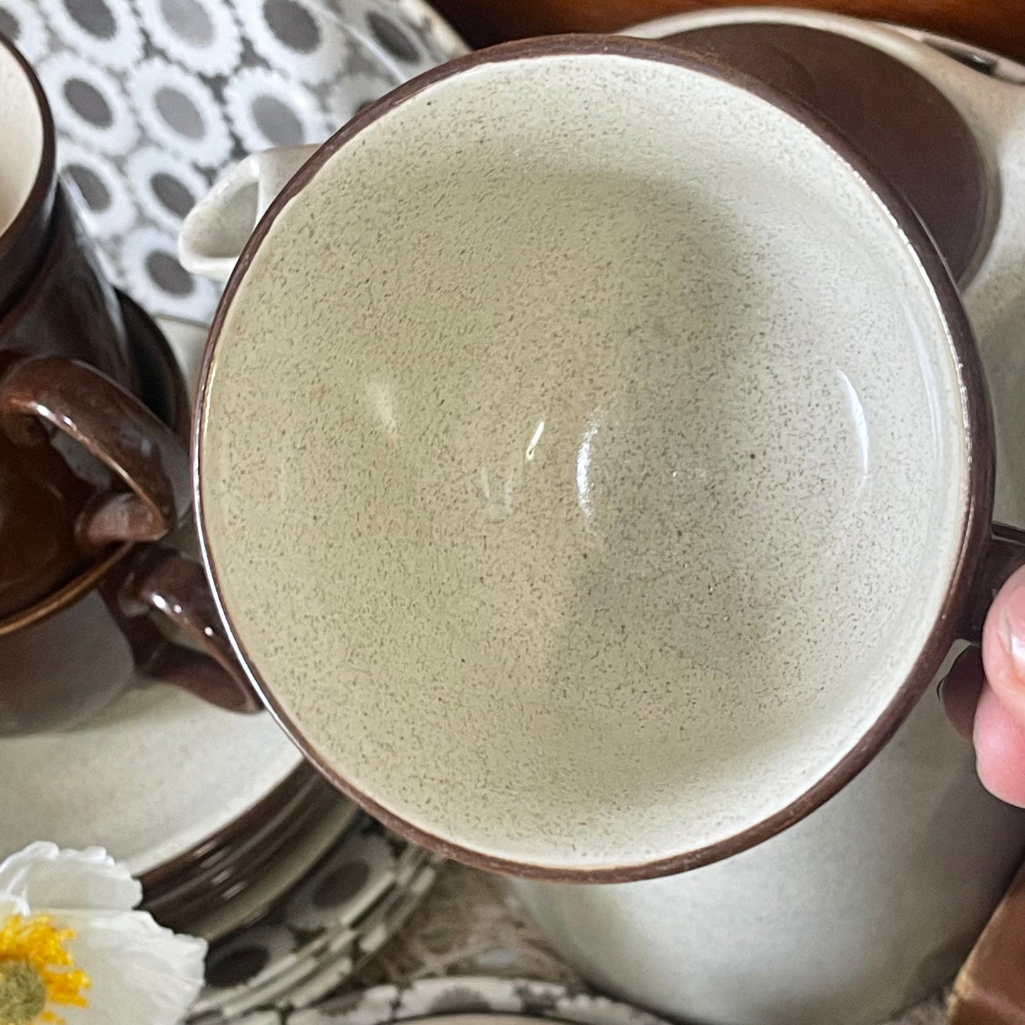 Kelston Ceramics “Nova” D.645 – 1970s Brown & Cream Stoneware Teaset for Six – Made in New Zealand