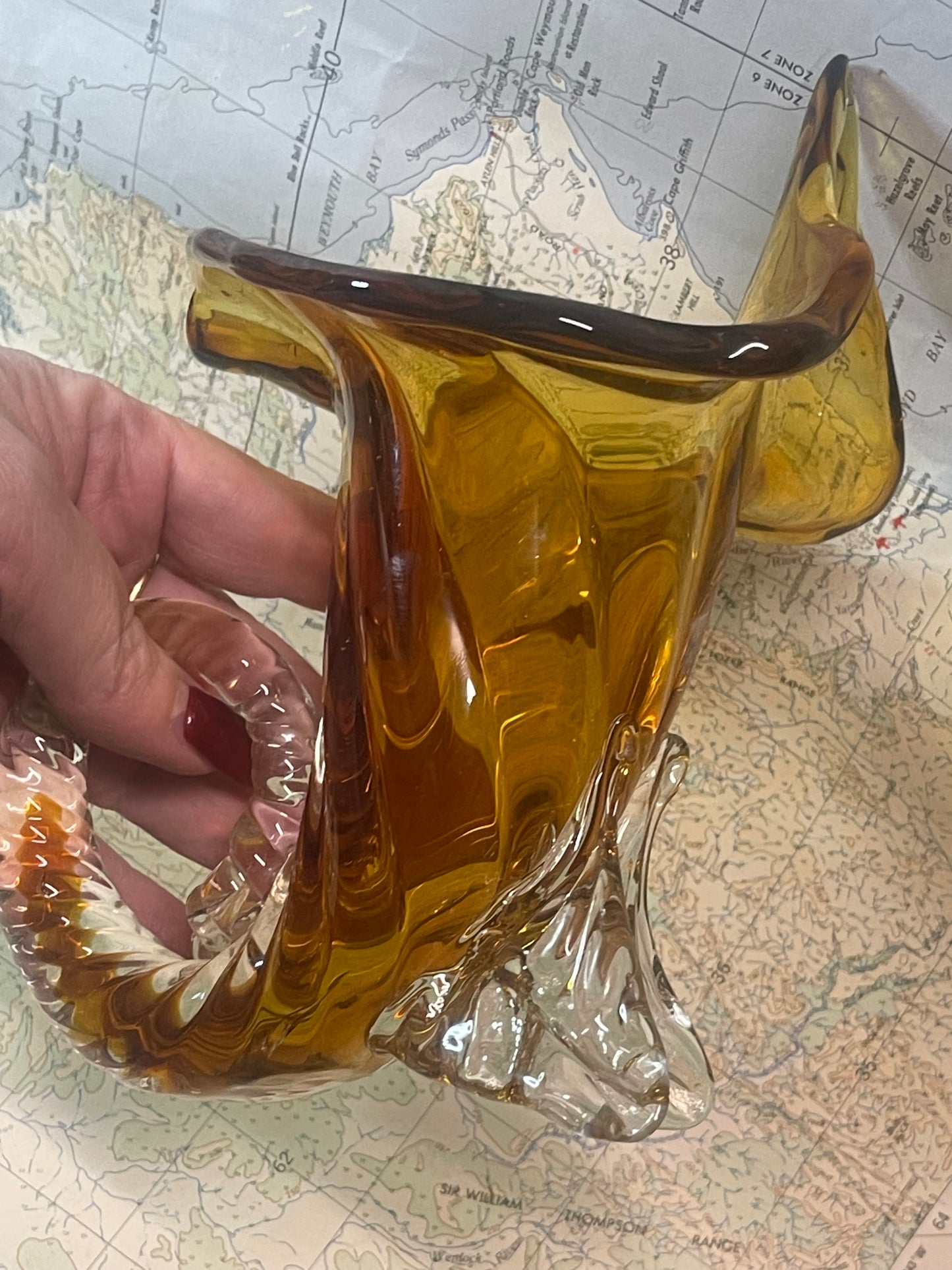 Mid-Century Amber & Clear Art Glass Cornucopia Vase / Jug – Sculptural Hand-Formed Glass