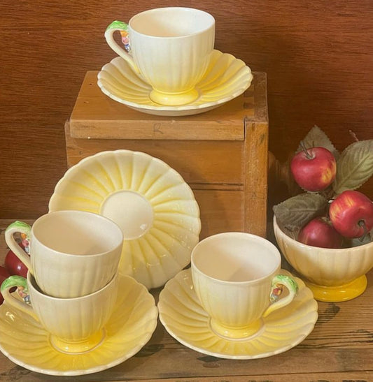 1930s Brentleigh Ware Children’s Teacups & Saucers (Majolica Fruit Handles)