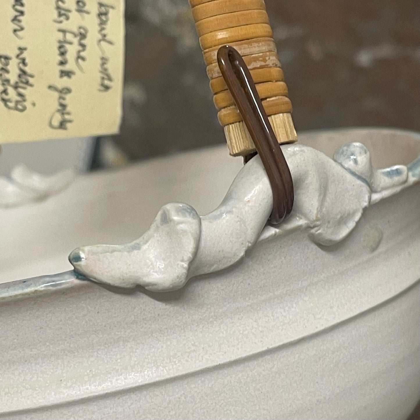1970s Japanese Porcelain Basket with Cane Handle
