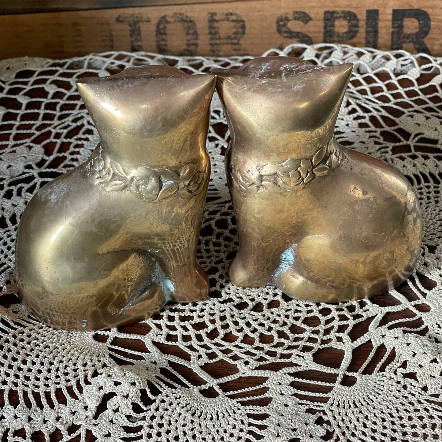 Pair of Vintage Solid Brass Cats — Floral Collar Design