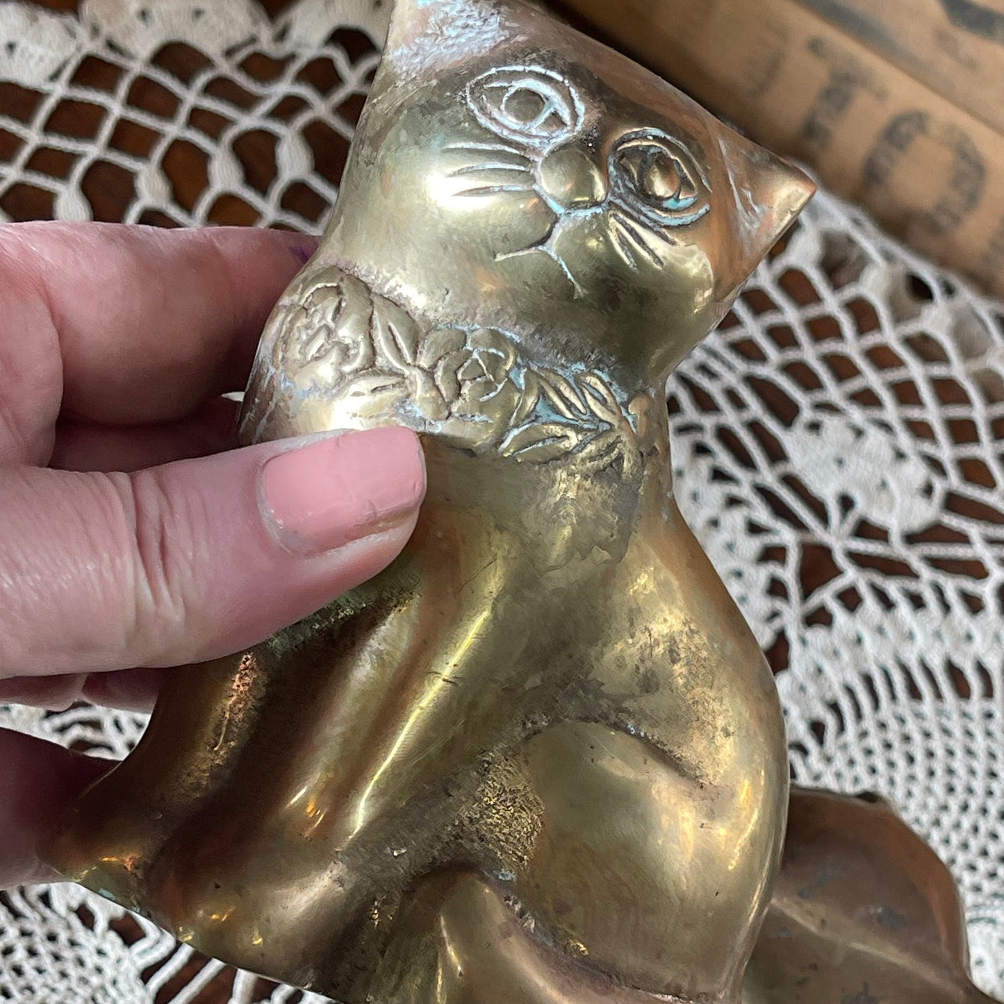 Pair of Vintage Solid Brass Cats — Floral Collar Design