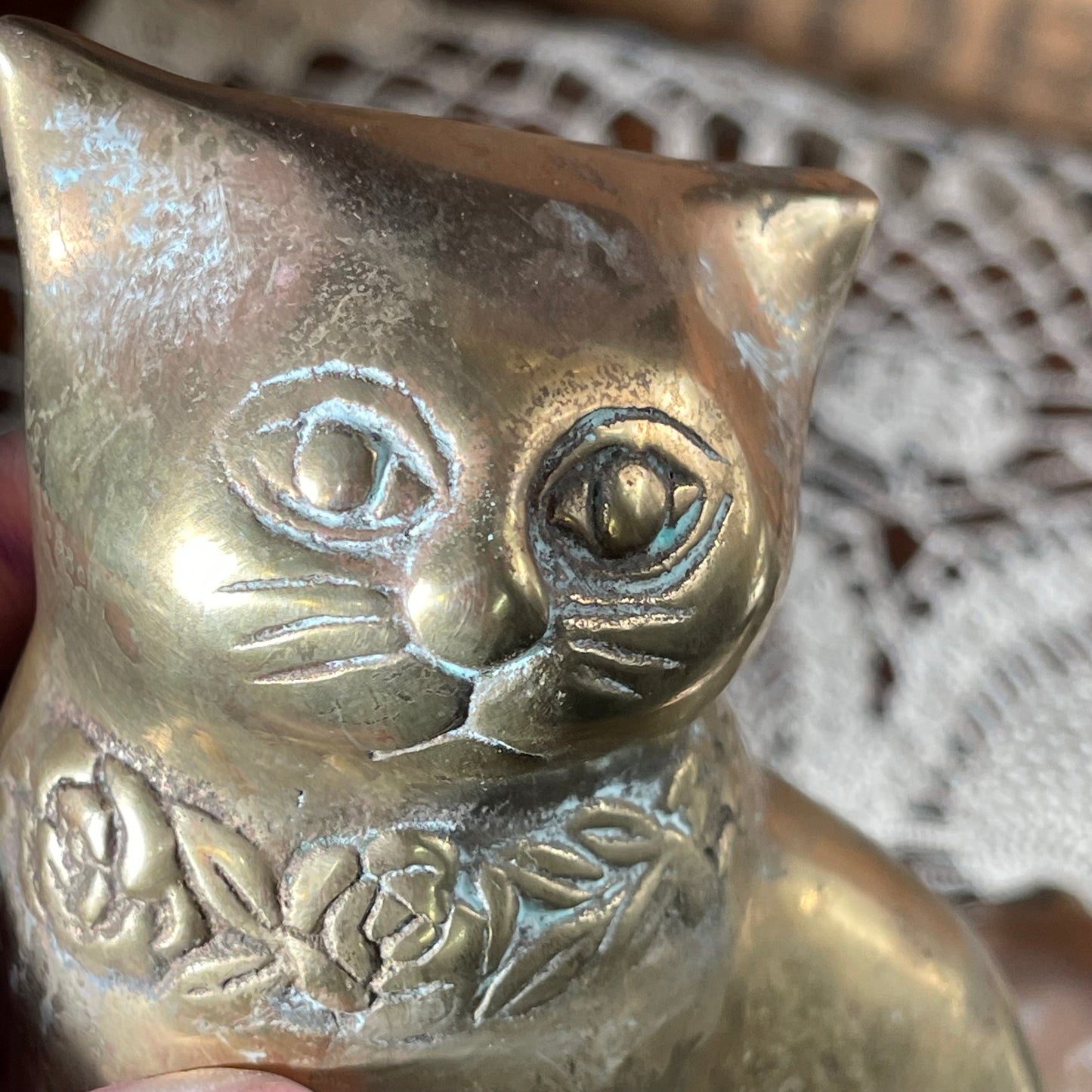 Pair of Vintage Solid Brass Cats — Floral Collar Design