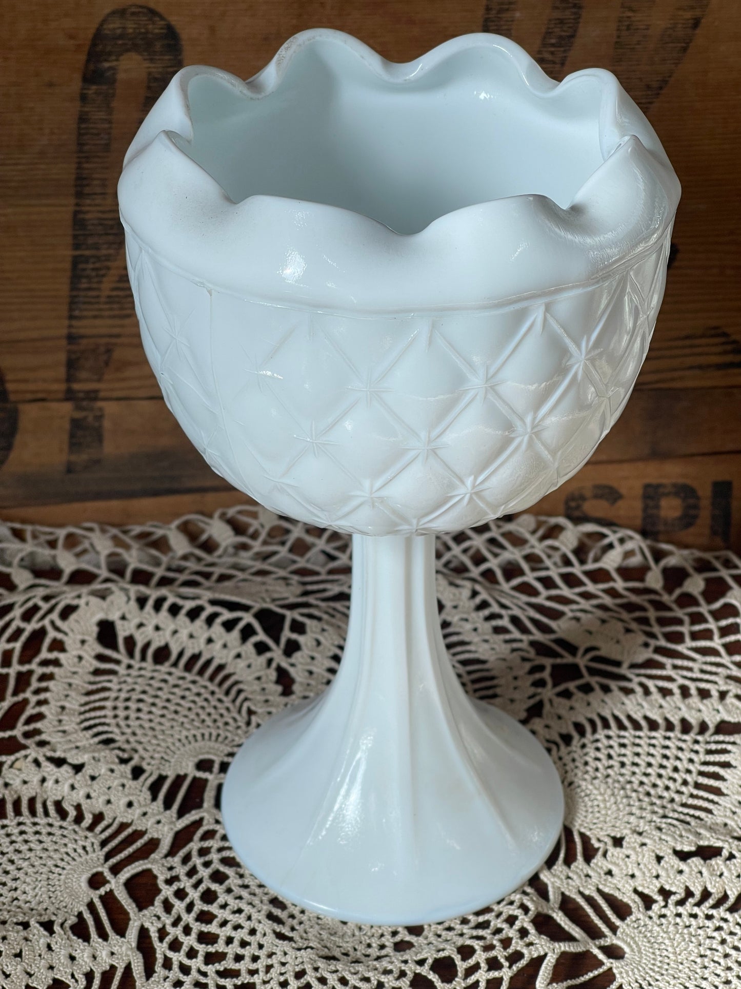 Vintage Milk Glass Pedestal Compote | Diamond Pattern | Ruffled Edge Vase c.1960s