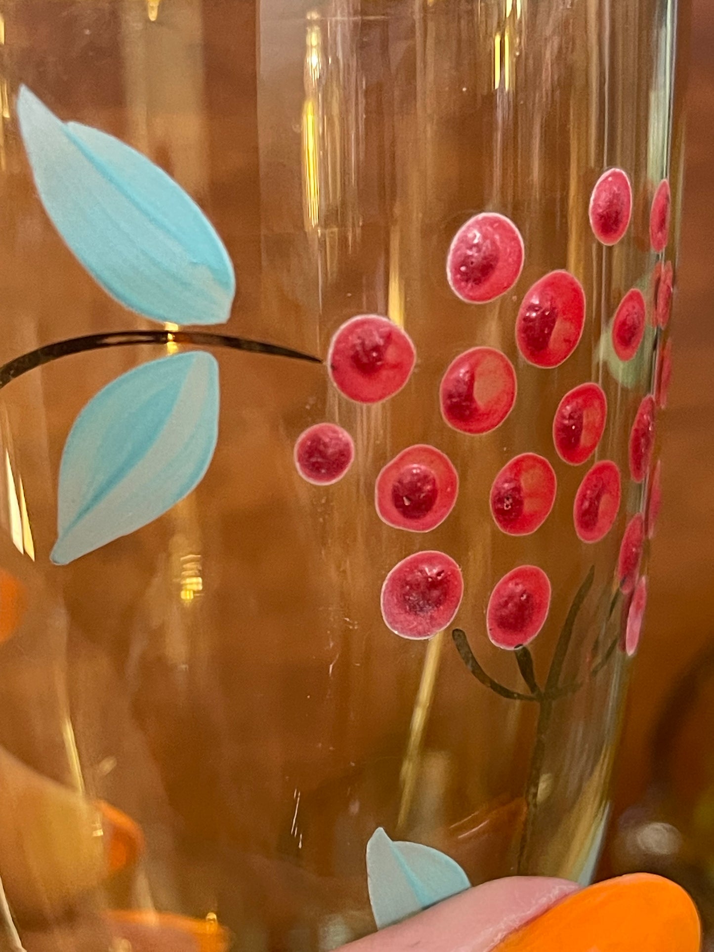 Vintage 1940s Hand-Painted Amber Glass Jug & Five Glasses — Red Berries & Aqua Leaves
