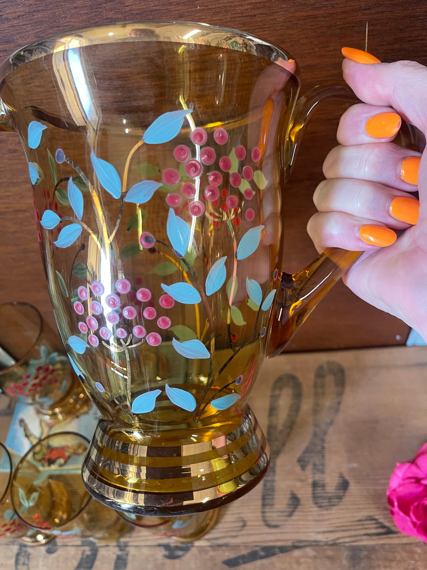 Vintage 1940s Hand-Painted Amber Glass Jug & Five Glasses — Red Berries & Aqua Leaves