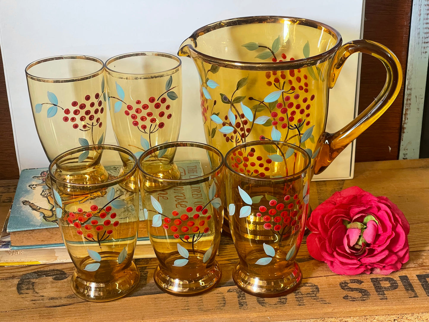 Vintage 1940s Hand-Painted Amber Glass Jug & Five Glasses — Red Berries & Aqua Leaves