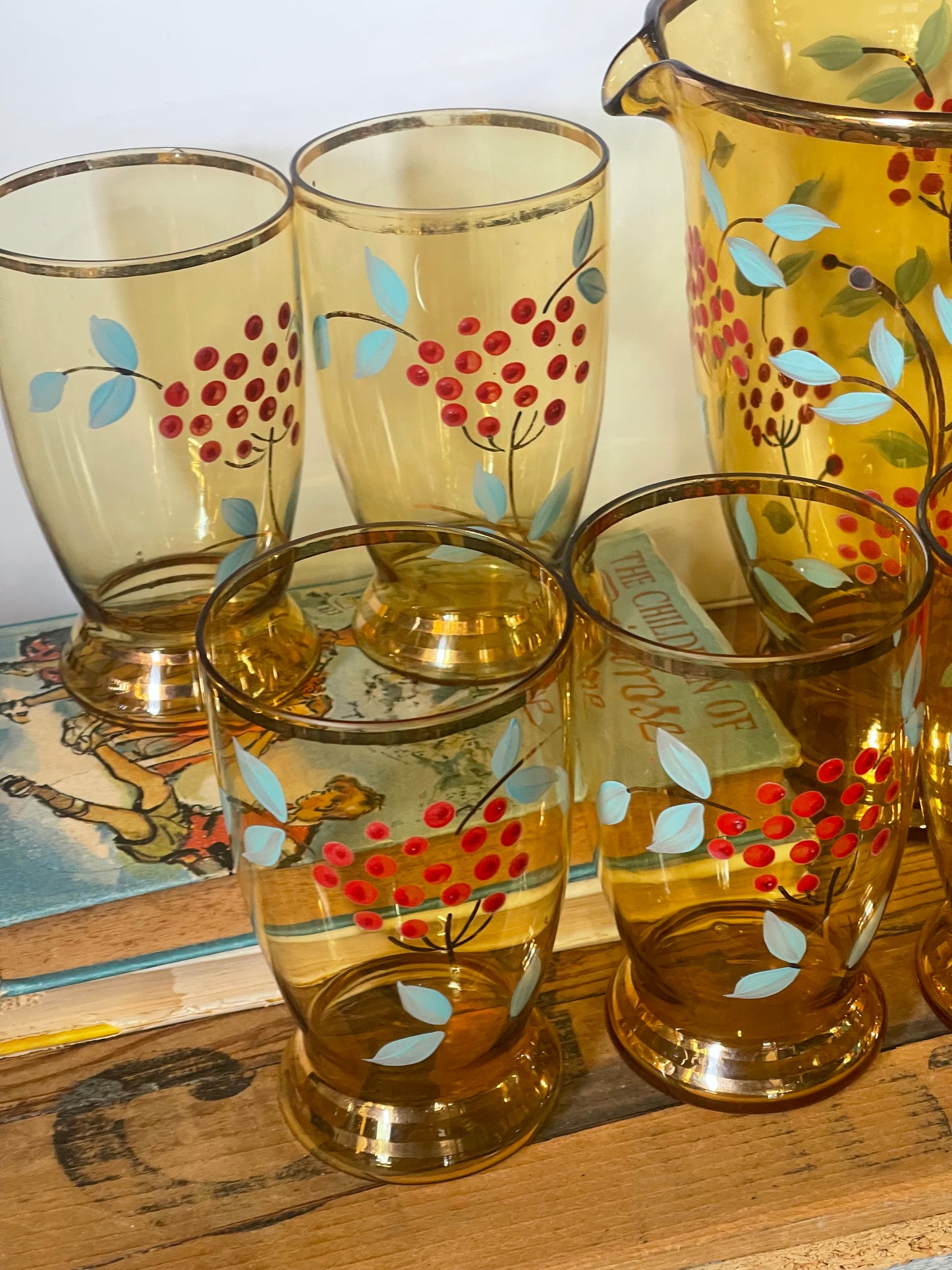 Vintage 1940s Hand-Painted Amber Glass Jug & Five Glasses — Red Berries & Aqua Leaves