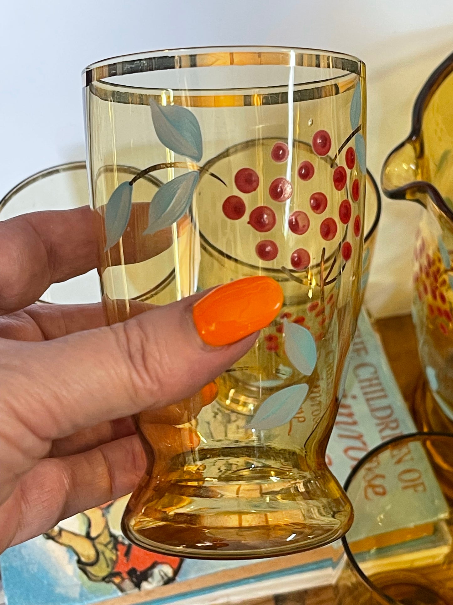 Vintage 1940s Hand-Painted Amber Glass Jug & Five Glasses — Red Berries & Aqua Leaves