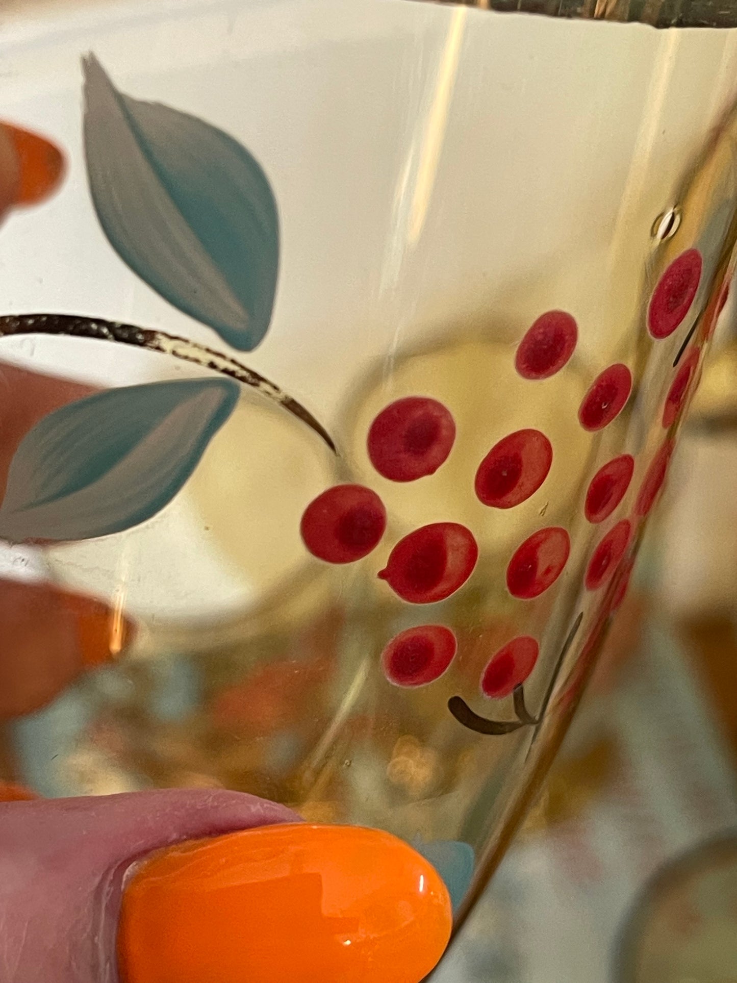Vintage 1940s Hand-Painted Amber Glass Jug & Five Glasses — Red Berries & Aqua Leaves