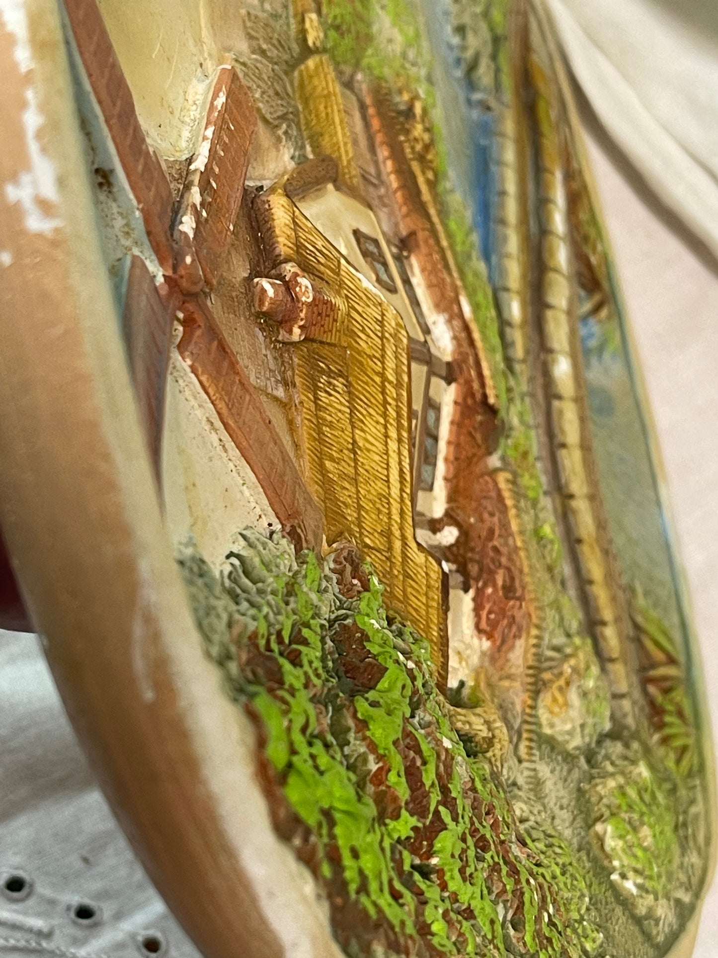 Vintage Chalkware Cottage Wall Plaque with Windmill (c.1960s)