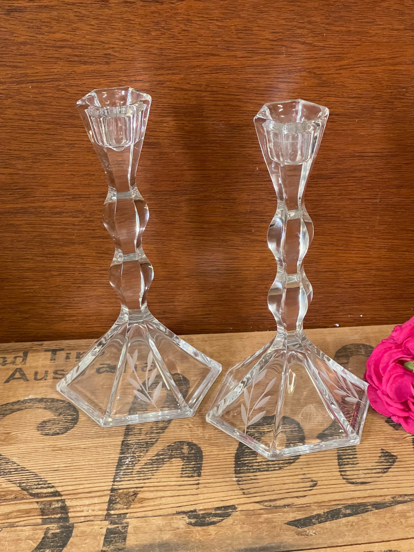 Vintage Princess House Lead Crystal Candlestick holders etched glass leaves