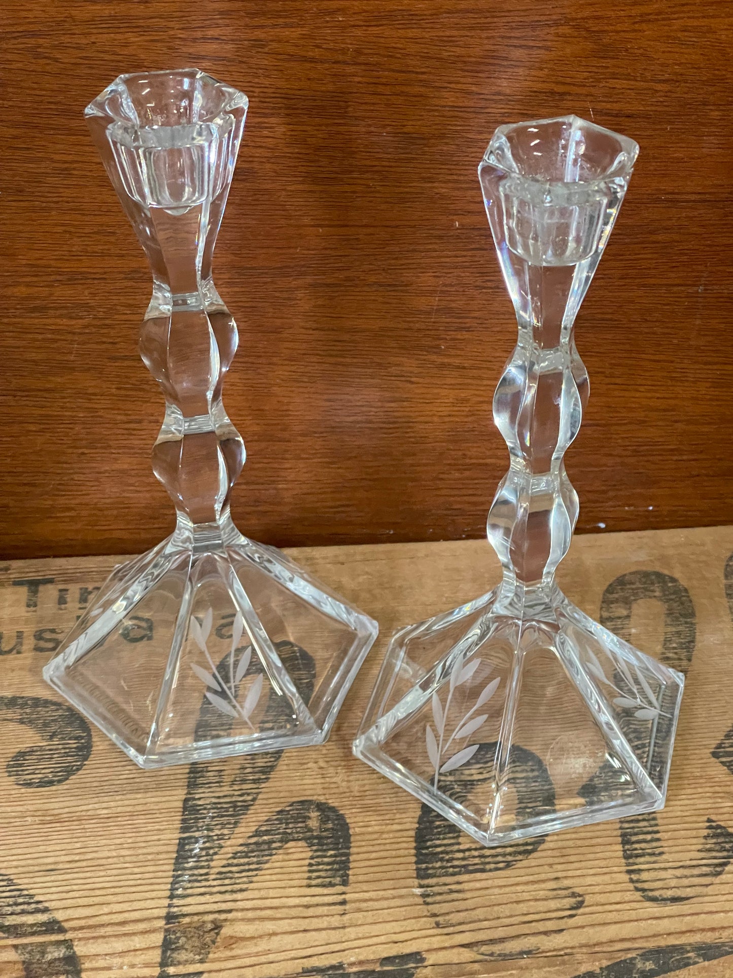 Vintage Princess House Lead Crystal Candlestick holders etched glass leaves