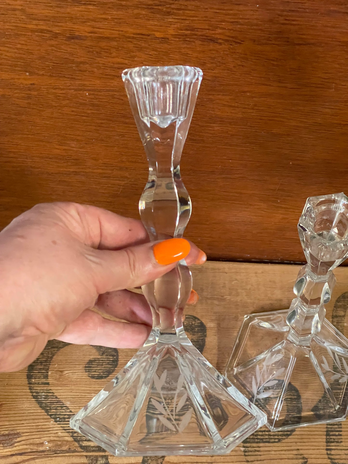 Vintage Princess House Lead Crystal Candlestick holders etched glass leaves