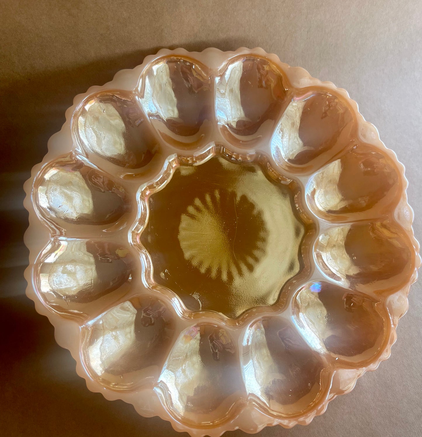 Vintage Anchor Hocking Peach Lustreware Devilled Egg Plate (c.1970s)