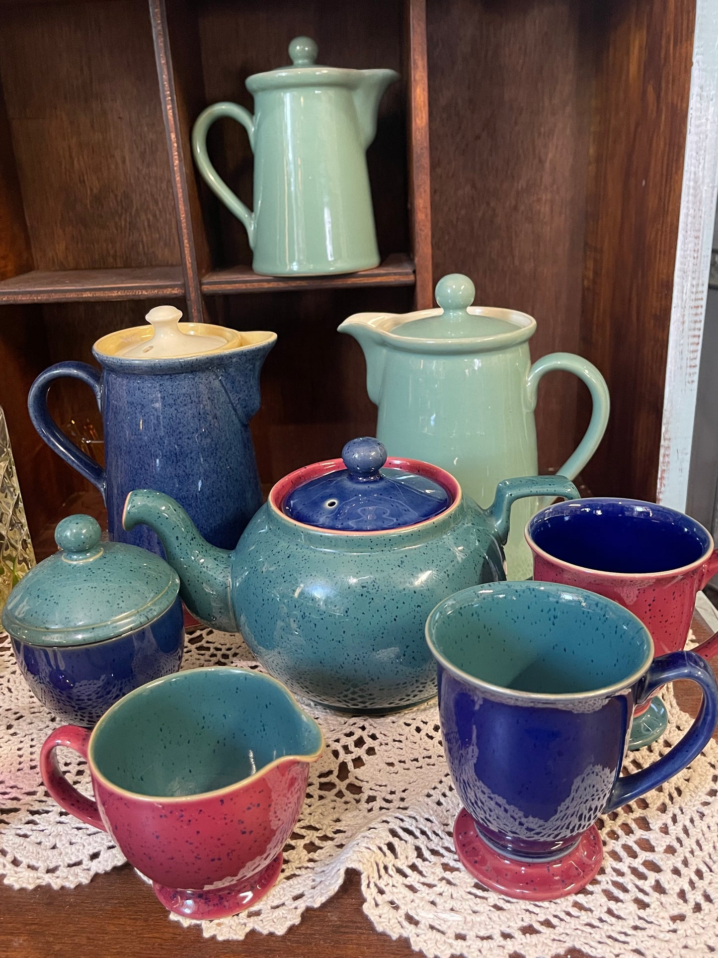 Vintage Denby Harlequin Tea Set – Teapot, Sugar Bowl, Jug & Cups | Made in England