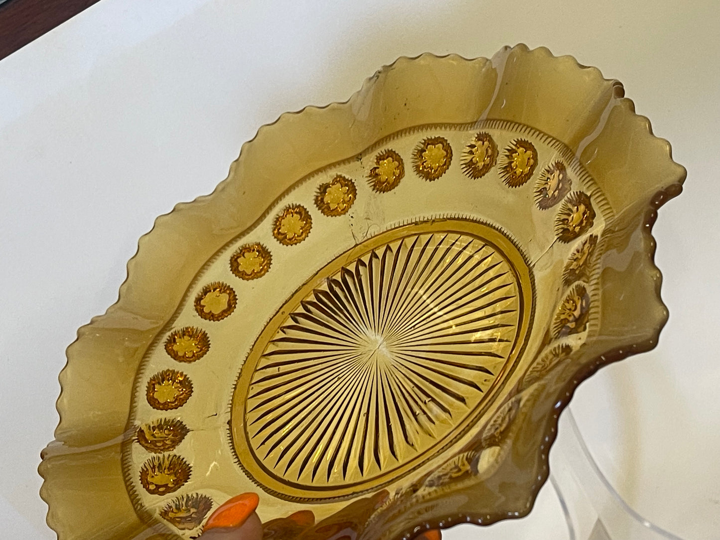 Vintage Art Deco Davidson Amber Glass ‘BlackBerry Print’ Dish