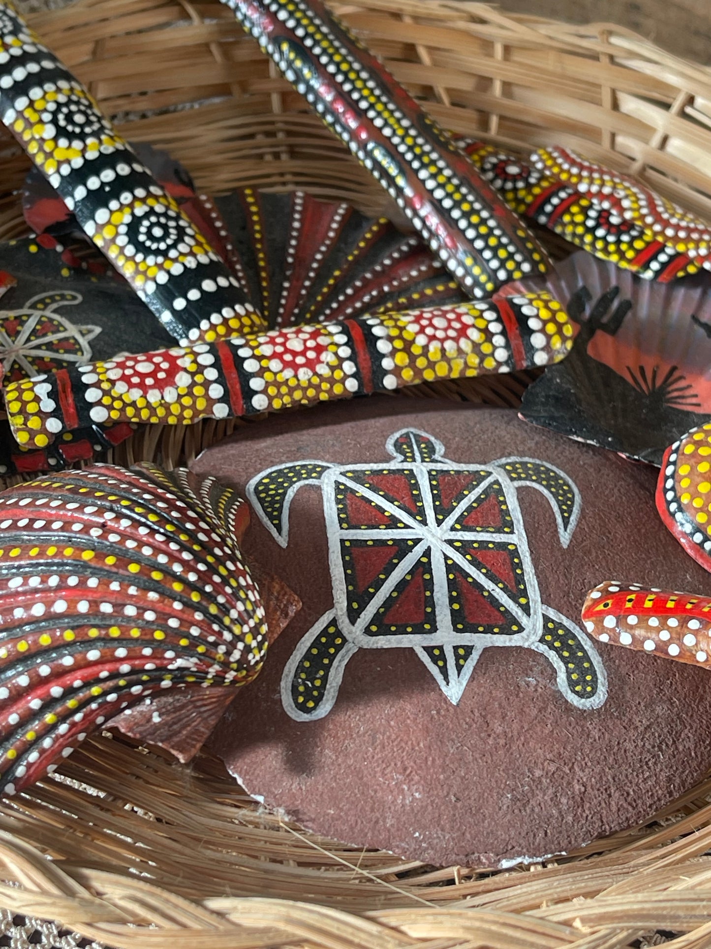 Basket of Hand-Painted Aboriginal-Inspired Souvenir Shells & Stones