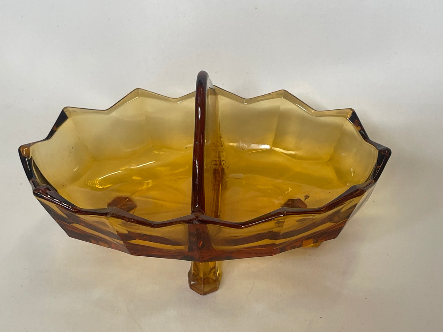 Vintage Amber Glass Divided Dish on Feet – 15 cm