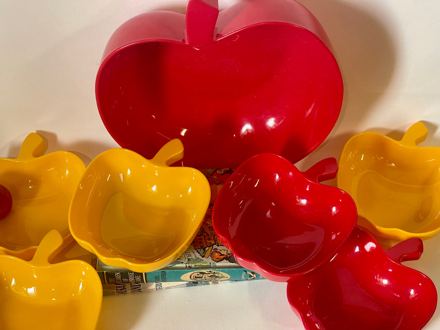 Vintage plastic Luran BASF Apple Bowls, large bowl with six small bowls