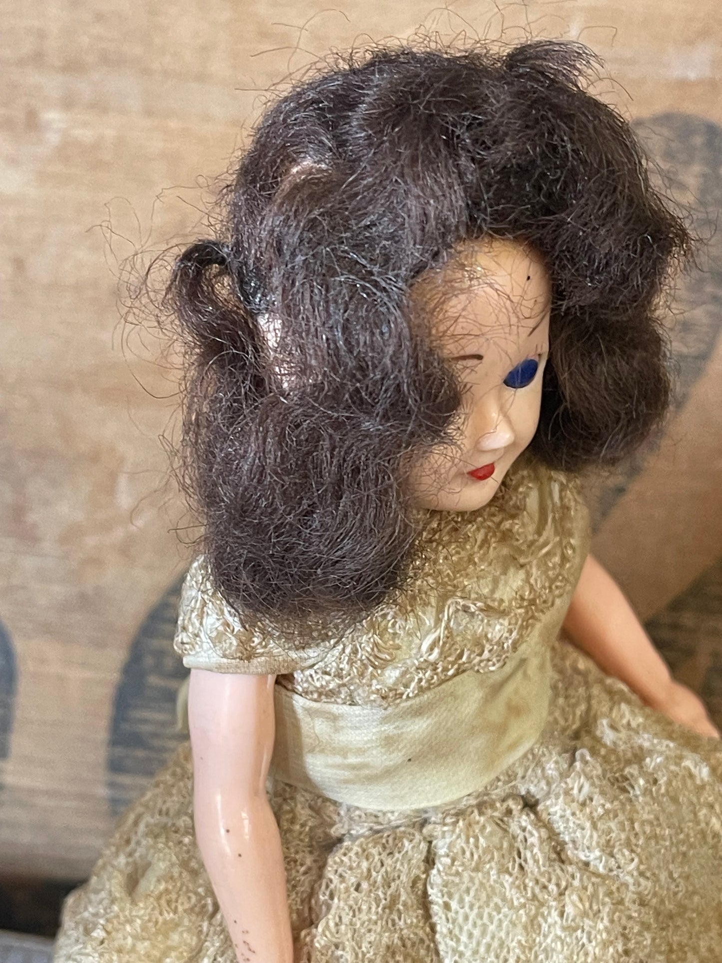 1950s Hard Plastic Lace Dress Doll – Cone Hat – 20cm – Mid-Century Bridal / Debutante Style