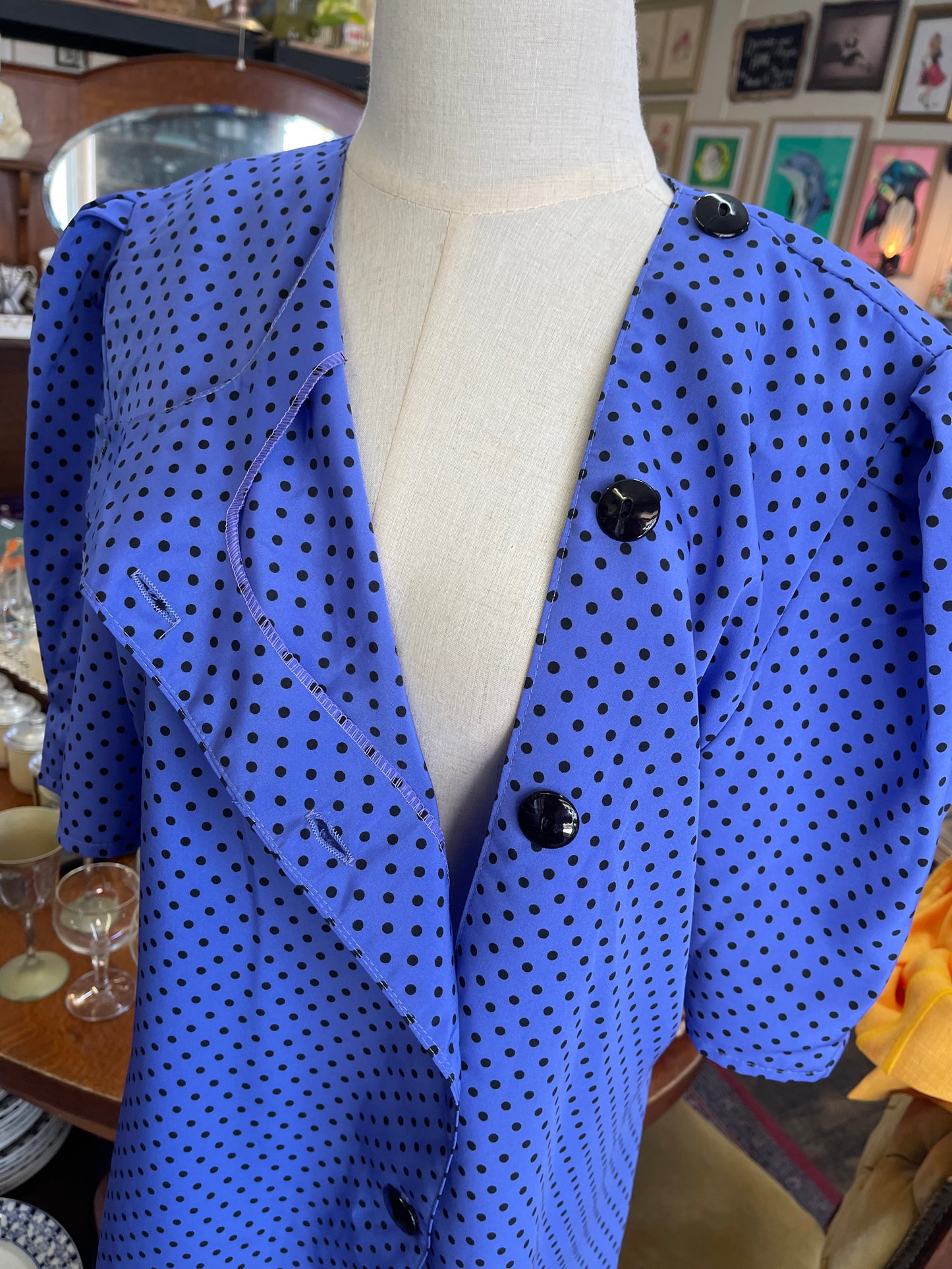 Vintage 1980s Purple blouse with black polkadots size 14