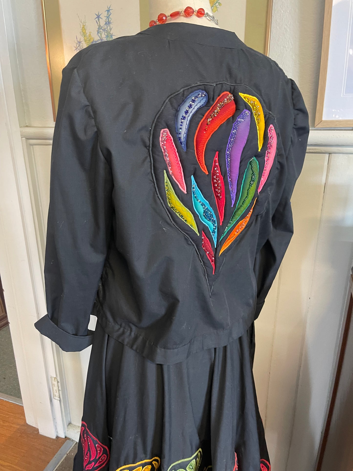 Vintage 80s 3 piece black cotton outfit with appliqué , size 8-10