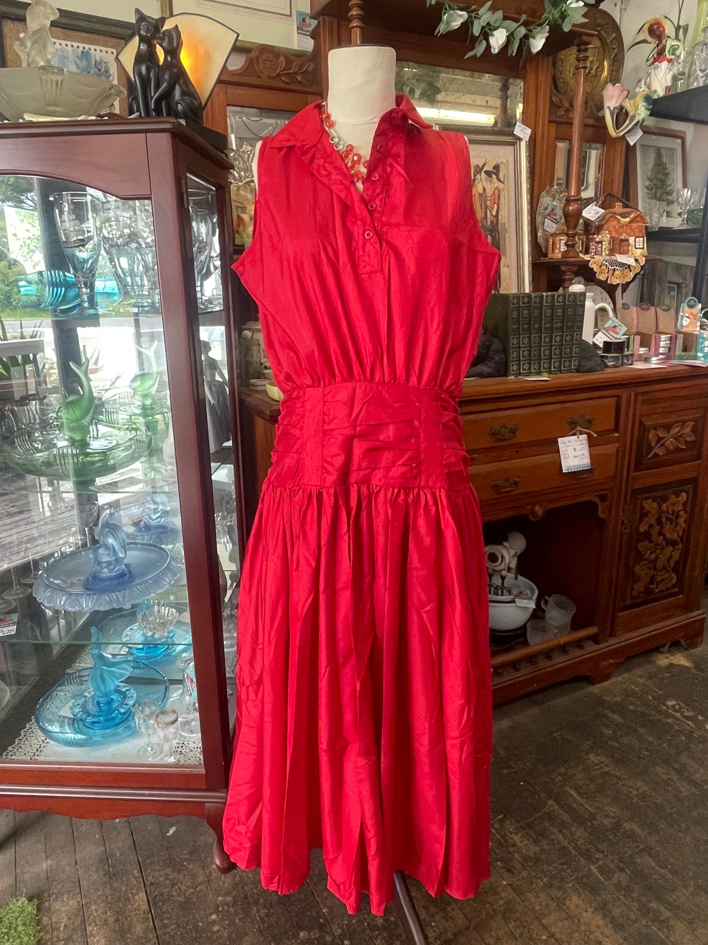 Vintage 1980s red satin dress with button back and drop waist size 12-14 by Keya, Flaunt it Australia