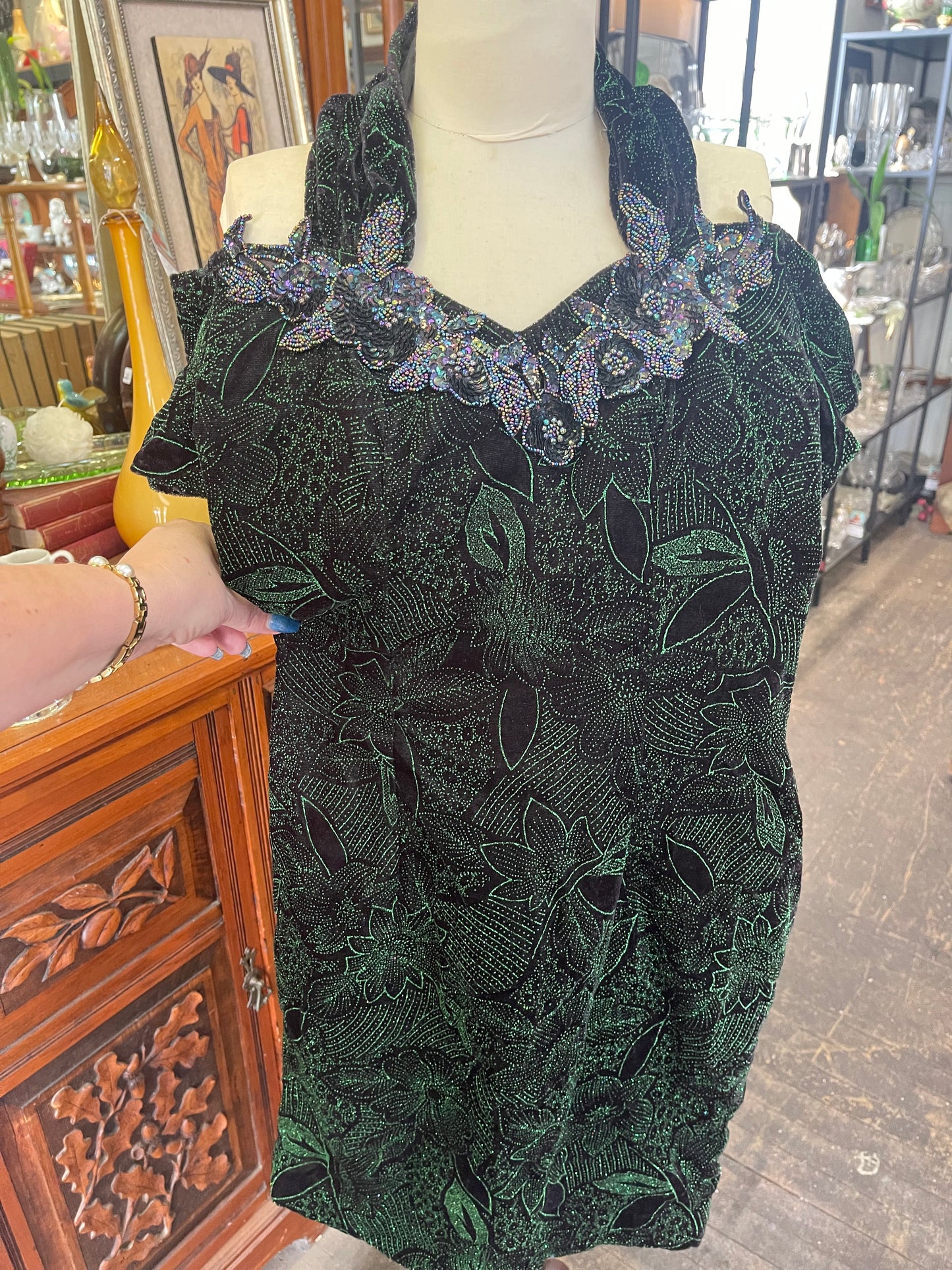 Vintage 80s black velvet with green glitter Dress Size 8