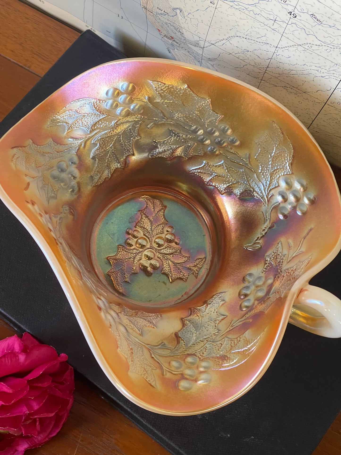 Northwood “Holly” Marigold Carnival Glass Bonbon Dish — c.1920s
