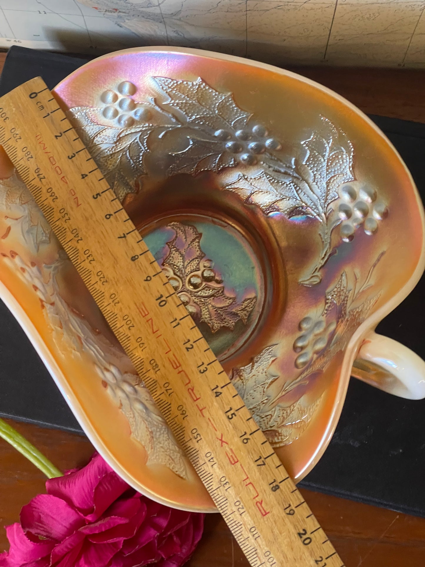 Northwood “Holly” Marigold Carnival Glass Bonbon Dish — c.1920s