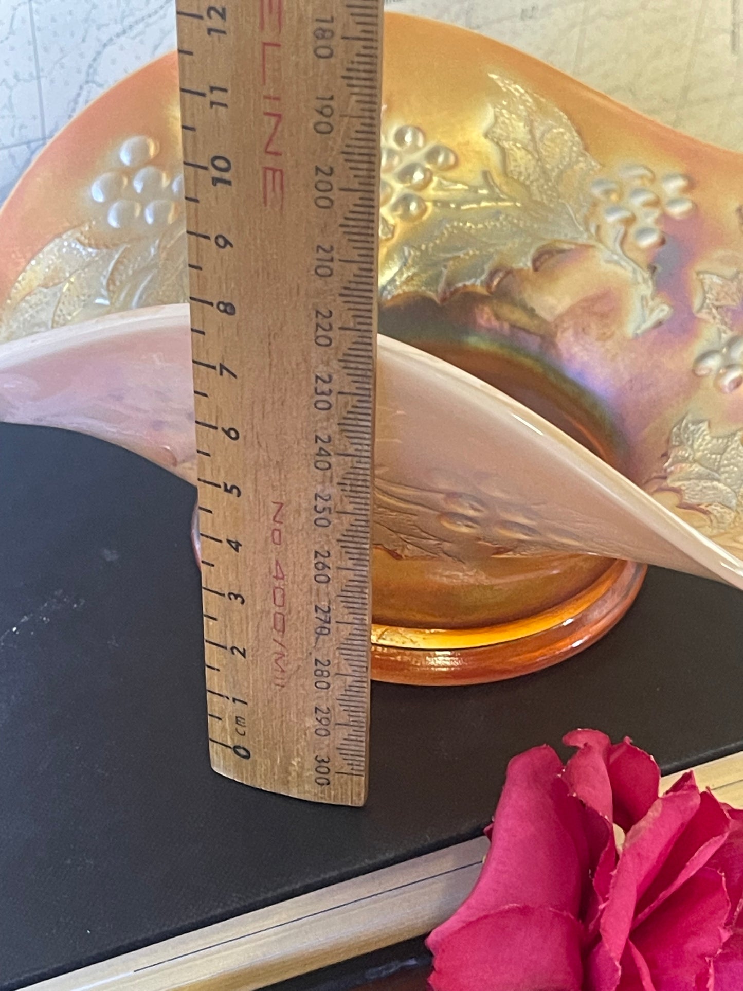 Northwood “Holly” Marigold Carnival Glass Bonbon Dish — c.1920s