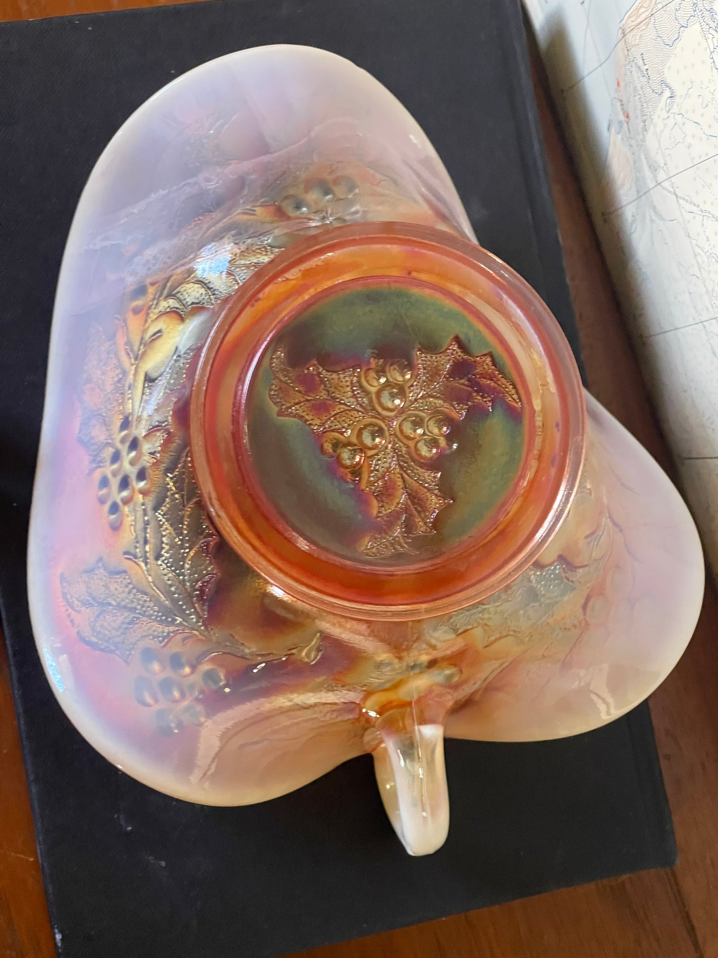Northwood “Holly” Marigold Carnival Glass Bonbon Dish — c.1920s
