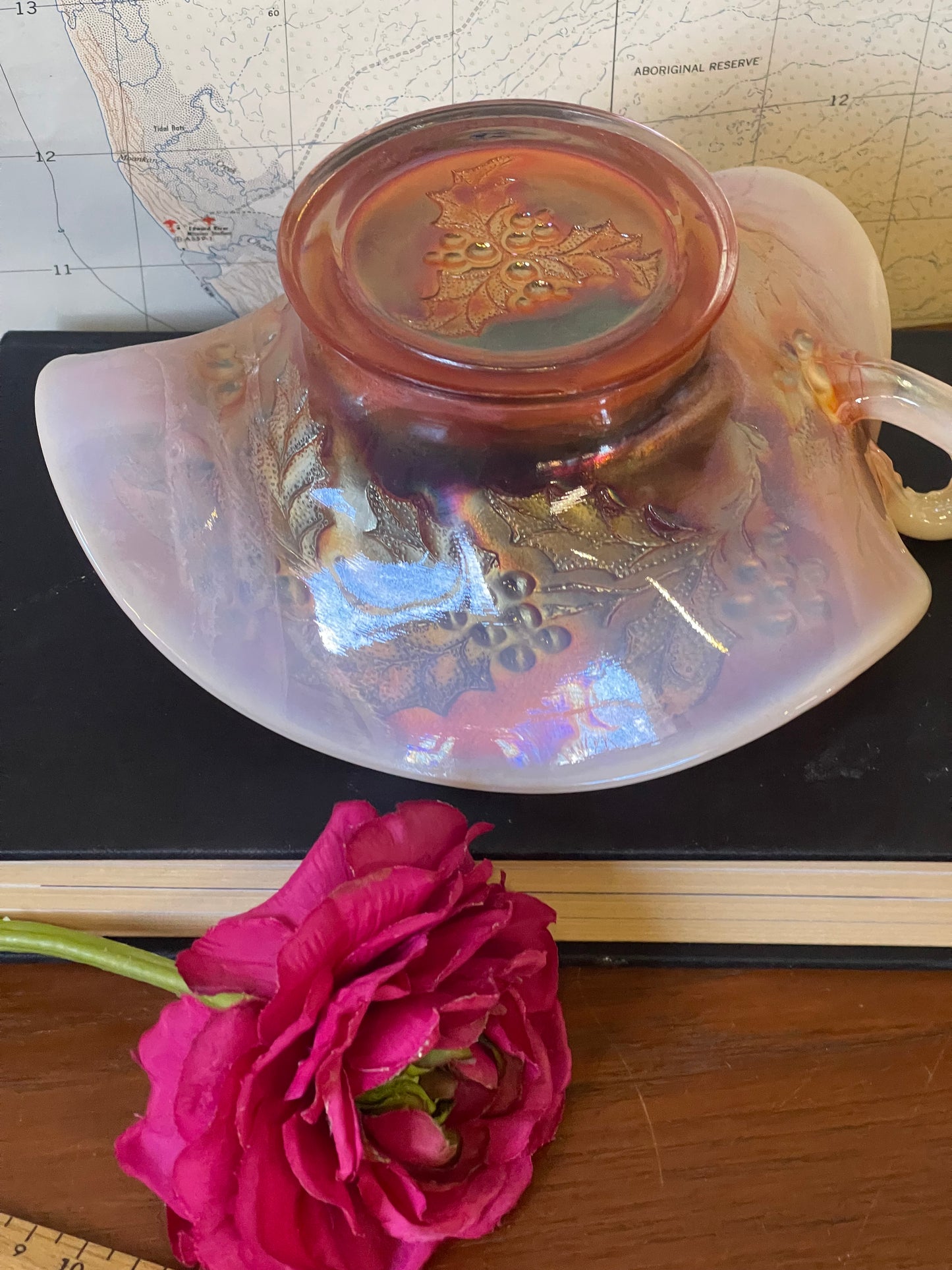 Northwood “Holly” Marigold Carnival Glass Bonbon Dish — c.1920s
