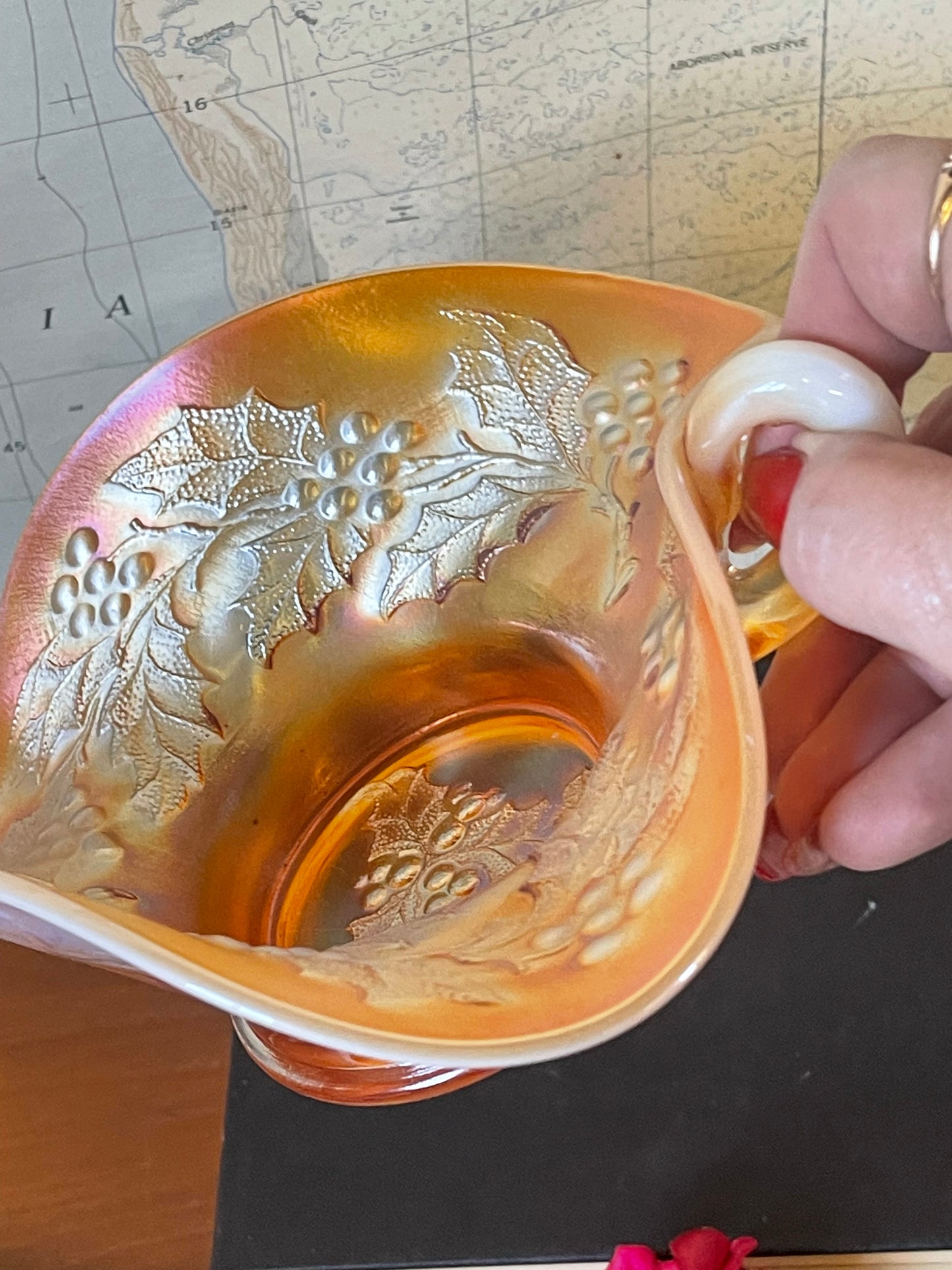 Northwood “Holly” Marigold Carnival Glass Bonbon Dish — c.1920s